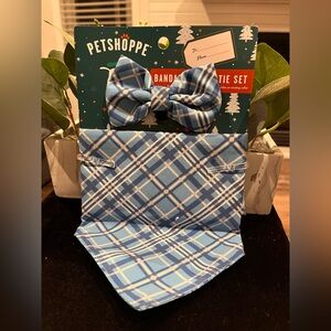 🌙 B149 Blue Plaid Bandana and Bow Tie Set for pets